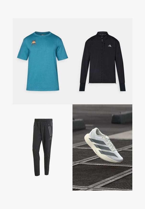 Musta urheilu takki, jossa on täysi edessä oleva vetoketju, korkea kaulus ja pitkät hihat. Sisältää pienen vasemman rinnan logon ja vetoketjullisen taskun. Sujuva pinta.; Lyhythihainen teal-välinen T-paita, joka on valmistettu pehmeästä kankaasta, jossa on pyöreä pääntie ja vasemmassa rinnassa oranssi-ja musta logo.; Mustat urheiluhousut, joissa on joustava vyötärö, kaksi vetoketjullista sivutaskua, kapeneva malli ja heijastavat yksityiskohdat edessä.; Valkoinen urheilukenkä, jossa on teksturoitu verkkokangas päällinen, harmaat raidat ja pehmustettu pohja. Kevyt muotoilu, joka sopii juoksuun.
