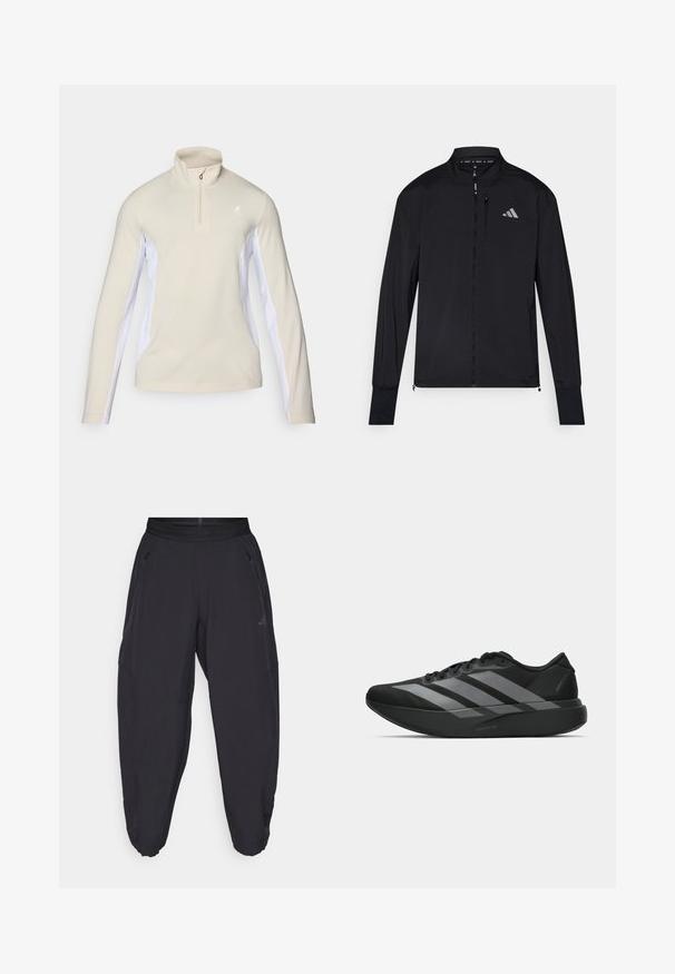 Black athletic jacket with full front zipper, high collar, and long sleeves. Features a small left chest logo and zippered pocket. Smooth texture.; Beige long-sleeve pullover with a quarter zip, featuring white side panels and a small logo on the chest. Smooth fabric texture.; Black athletic pants with elastic waistband, zippered side pockets, tapered legs, and subtle logo on the right thigh.; Black athletic shoes with a lightweight design, featuring three prominent gray stripes, a smooth texture, and a contoured sole.