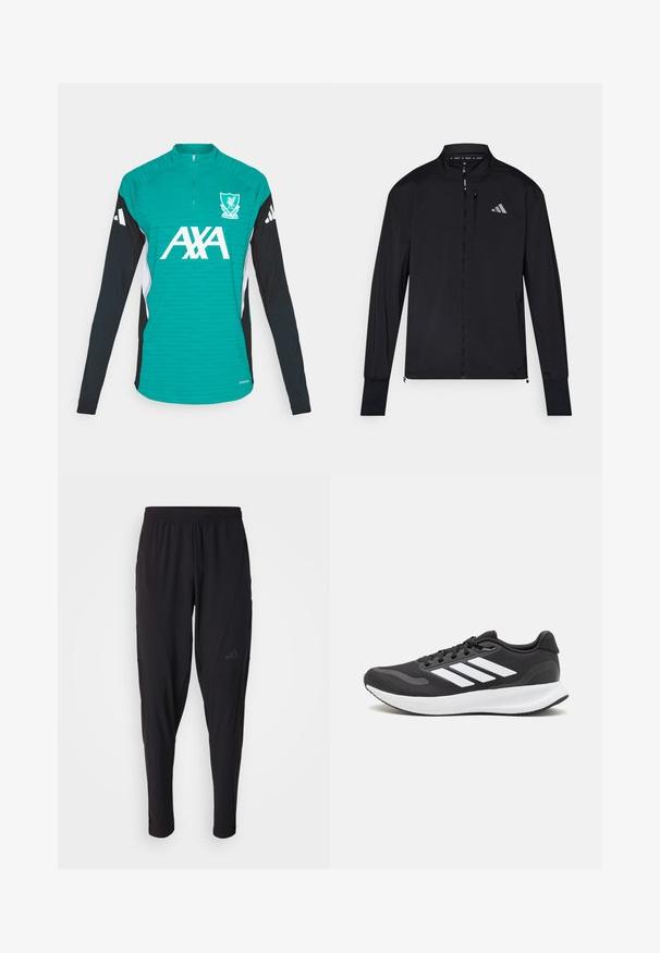 Svart treningsjakke med full glidelås foran, høy krage og lange ermer. Har en liten logo på venstre bryst og en glidelåslomme. Glatt tekstur.; adidas Performance LIVERPOOL FC 25/26 EUROPEAN PRO TRAINING TOP - Klubbklær - sea green; Svarte treningsbukser med elastisk midje, smal design, sidelommer og subtil logo. Laget av fleksibelt, pustende stoff.; Svarte sportsko med pustende mesh-overdel, hvite detaljer og en polstret såle. Har tre striper-logo på siden.
