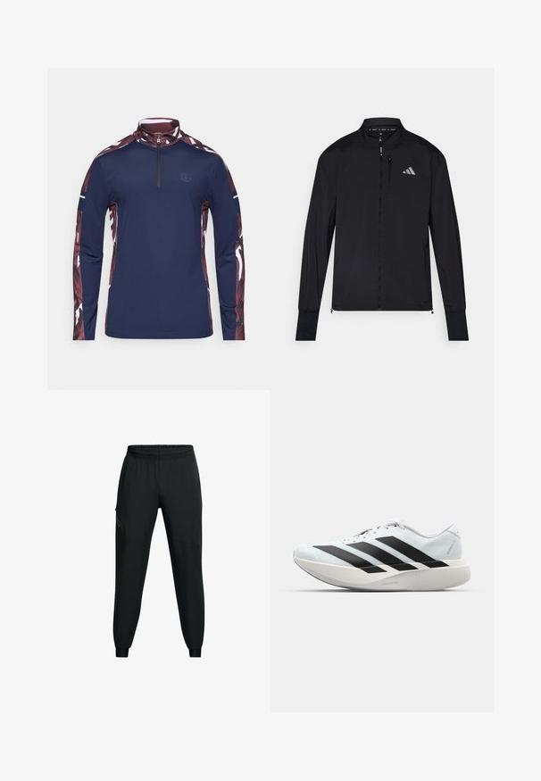 Juodas sportinis džemperis su pilnu priekinę užtrauktuką, aukštu apykakliu ir ilgomis rankovėmis. Susidaro mažas logotipas kairėje krūtinės pusėje ir užtrauktukas kišenėje. Sklandus paviršius.; Tamsiai mėlynas ilgas puloveris su ketvirčio užtrauktuku. Savybės: raštuoti bordo rankoviai su baltais akcentais ir mažas logotipas ant krūtinės.; Juodi sportiniai kelnės su elastinga juosmena, siaurėjančio pjūvio, šoninėmis kišenėmis ir kontrastingais panelių detalėmis. Lengvas, lygus audinys.; Lengvi bėgimo batai šviesiai mėlynos spalvos su juodomis juostelėmis. Yra lygus viršus, apvalus pirštas ir storas baltas vidpadis su užrašu "LIGHTSTRIKE PRO."