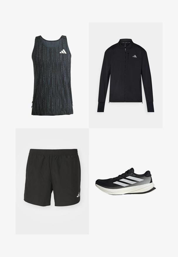 Veste de sport noire avec fermeture éclair en avant intégrale, col montant et manches longues. Présente un petit logo sur la poitrine gauche et une poche zippée. Texture lisse.; Débardeur de sport noir avec un motif texturé, sans manches, et des accents de logo blancs. Tissu léger avec une coupe ample.; Shorts de sport noirs avec une taille élastique, des fentes sur les côtés et des accents de logo réfléchissants. Fabriqués en tissu léger et lisse.; Chaussure de sport noire avec un design en maille, ornée de rayures blanches, à bout arrondi et avec une semelle texturée pour une meilleure adhérence et un soutien accru.