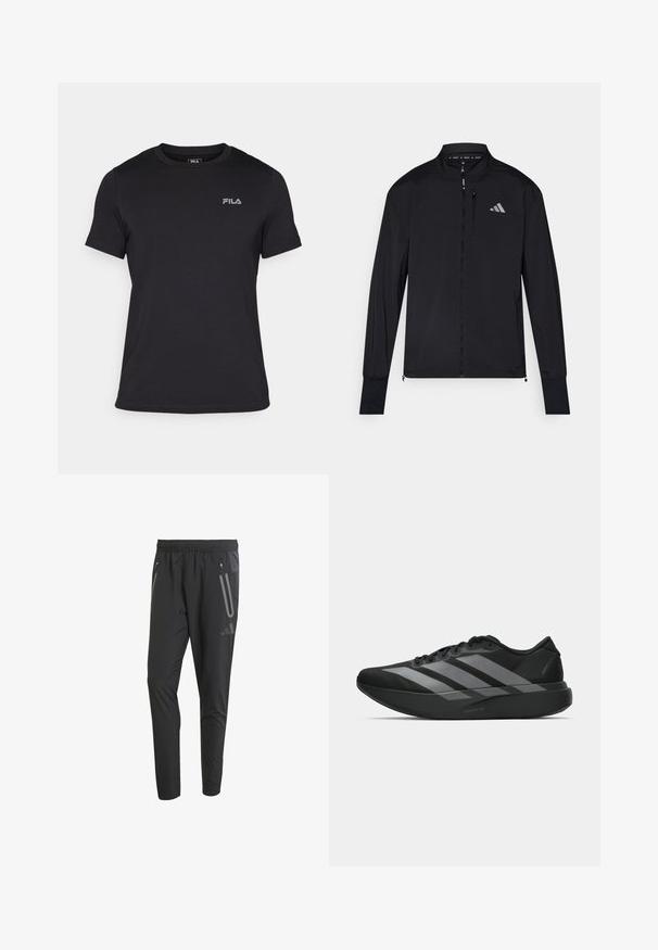 Černá sportovní bunda s plným předním zipem, vysokým límcem a dlouhými rukávy. Obsahuje malé logo na levé hrudi a zipovou kapsu. Hladká textura.; Černé tričko s krátkým rukávem vyrobené z bavlny, s žebrovaným výstřihem a malým šedým logem FILA na levém prsu.; Černé sportovní kalhoty s elastickým pasem, dvěmi bočními kapsami na zip, zúženým střihem a reflexními detaily na přední straně.; Černé sportovní boty s lehkou konstrukcí, se třemi výraznými šedými pruhy, hladkým povrchem a tvarovanou podrážkou.