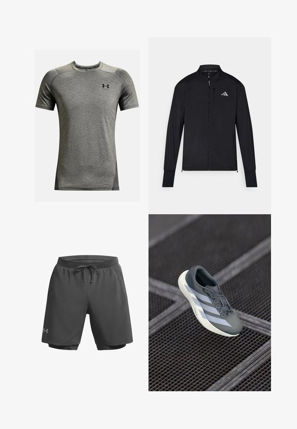 Juodas sportinis džemperis su pilnu priekinę užtrauktuką, aukštu apykakliu ir ilgomis rankovėmis. Susidaro mažas logotipas kairėje krūtinės pusėje ir užtrauktukas kišenėje. Sklandus paviršius.; Pilkos spalvos trumpomis rankovėmis sportinis marškinėliai, pagaminti iš tekstūruoto audinio. Mėlyna apykaklė ir mažas juodas logotipas ant krūtinės. Šoninės dalys tamsesnės pilkos spalvos.; Tamsiai pilkos sportinės šortai su elastinga juosta, reguliuojama raišteliu ir vidine tinkline danga; ant kairiojo kojos yra subtilus logotipas.; Sportiniai batai pilkos ir baltos spalvos, pagaminti iš sintetinės medžiagos, su srauniu dizainu, tekstūruota danga ir ryškiu raištelių sistemu.