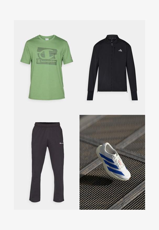 Fekete sportos dzseki teljes elől zippel, magas gallérral és hosszú ujjakra. Bal mellen kis logó található, valamint zippzáras zseb. Sima textúra.; Zöld pamut póló rövid ujjakkal, a mellkasán textúrázott fekete Champion logóval és kerek nyakkal.; Fekete melegítőnadrág, rugalmas derékkal, bal combján egy kis fehér logóval, egyenes lábbel kialakítva. Puha pamut keverékből készült.; Fehér sportcipő kék csíkokkal, könnyű kialakítással, hálós felsőrésszel, fűzős záródással és textúrázott gumitalppal, egy rácsos felület felett lebeg.