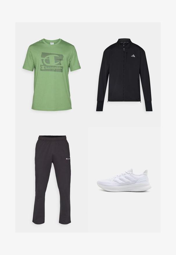Schwarze Sportjacke mit vollem Frontreißverschluss, hohem Kragen und langen Ärmeln. Verfügt über ein kleines Logo auf der linken Brust und eine Reißverschlusstasche. Glatte Textur.; Grünes Baumwoll-T-Shirt mit kurzen Ärmeln, das ein strukturiertes schwarzes Champion-Logodesign auf der Vorderseite und einen Rundhalsausschnitt aufweist.; Schwarze Jogginghosen mit elastischem Bund, ausgestattet mit einem kleinen weißen Logo am linken Oberschenkel und einem geraden Beinanschnitt. Weiches Baumwoll-Mischgewebe.; Weiße Sportschuhe mit einem strukturierten Mesh-Obermaterial, einer stützenden gepolsterten Sohle und einem drei Streifen-Design an der Seite.
