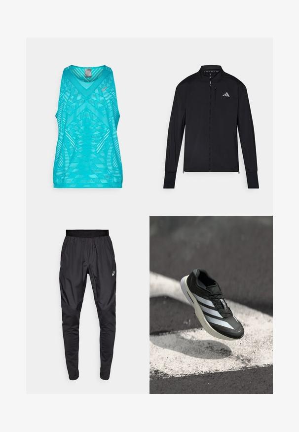Black athletic jacket with full front zipper, high collar, and long sleeves. Features a small left chest logo and zippered pocket. Smooth texture.; Lightweight turquoise tank top with a v-neck design, featuring a textured pattern of perforations and contrasting logo detail.; Black athletic pants with a stretchy waistband, side pockets, and contrasting texture panels on the legs. Asics logo on the hip.; Black athletic shoe featuring three white stripes, textured upper, sleek design, and a curved sole, positioned above a white line on asphalt.