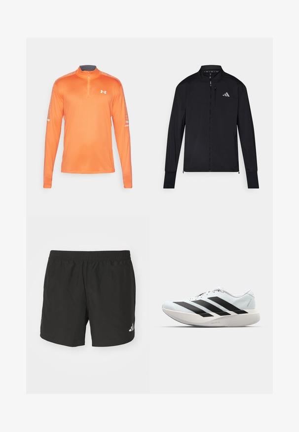 Schwarze Sportjacke mit vollem Frontreißverschluss, hohem Kragen und langen Ärmeln. Verfügt über ein kleines Logo auf der linken Brust und eine Reißverschlusstasche. Glatte Textur.; Oranges langärmliges Sporthemd mit einem halben Reißverschlusskragen. Hergestellt aus glattem Stoff und mit strukturierten Akzenten auf den Schultern versehen.; Schwarze Sportshorts mit einem elastischen Taillenbund, seitlichen Schlitzen und reflektierenden Logoakzenten. Hergestellt aus leichtem, glattem Material.; Leichte Laufschuhe in hellblau mit schwarzen Streifen. Sie verfügen über ein glattes Obermaterial, eine runde Zehenpartie und eine dicke weiße Zwischensohle, die mit "LIGHTSTRIKE PRO" beschriftet ist.