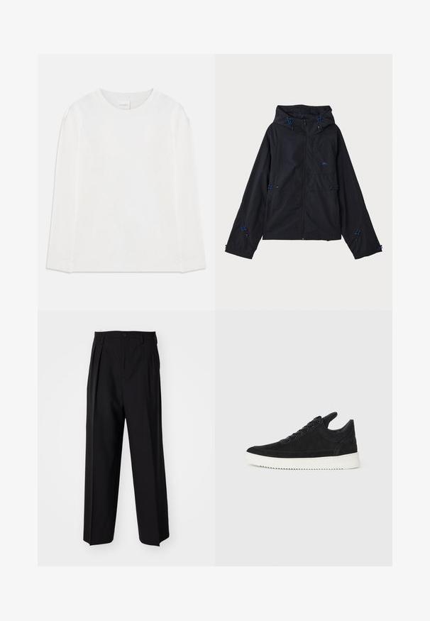 Schwarze leichte Jacke mit Kapuze, ausgestattet mit blauen Akzenten, Kordelzügen und einem Reißverschluss. Hergestellt aus wasserabweisendem Material.; Langes, weißes Langarmshirt mit rundem Ausschnitt und einem "CLOSED" Etikett am Kragen, flach auf einem weißen Hintergrund gelegt.; Schwarze, plissierte Hose mit geradem, weitem Bein. Hergestellt aus glattem Stoff, mit Knopfverschluss und Gürtelschlaufen.; Schwarze Wildleder-Sneaker mit einer weißen Gummisohle, die sich durch elegante Nähte und ein schnürbares Design auszeichnen. Glatte Textur mit einer modernen, stromlinienförmigen Form.