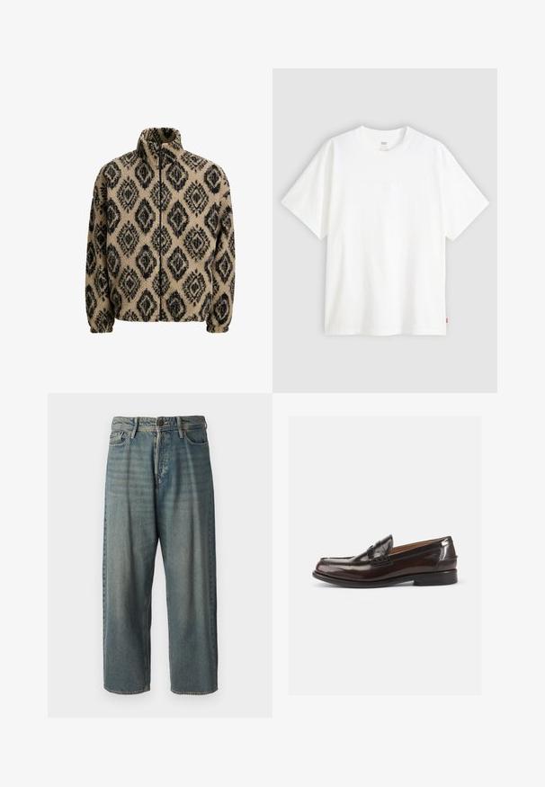 Beżowa kurtka polarowa z czarnym wzorem w romby, wysoki kołnierz, zamek błyskawiczny i elastyczne mankiety. Miękka tekstura, luźny krój i przytulny design.; Biała koszulka z krótkim rękawem wykonana z bawełny, z okrągłym dekoltem. Posiada subtelny wytłoczony logo z przodu oraz czerwoną metkę na dolnym brzegu.; Jasnoniebieskie dżinsy o luźnym kroju, średnim stanie i prostych nogawkach. Posiadają pięć kieszeni, szlufki na pasek oraz zapięcie na guzik.; Brązowe skórzane mokasyny o błyszczącej powierzchni, z przeszywanym wzorem na czubku i niskim obcasem. Obecny jest także boczny, wytłoczony detal z logo.
