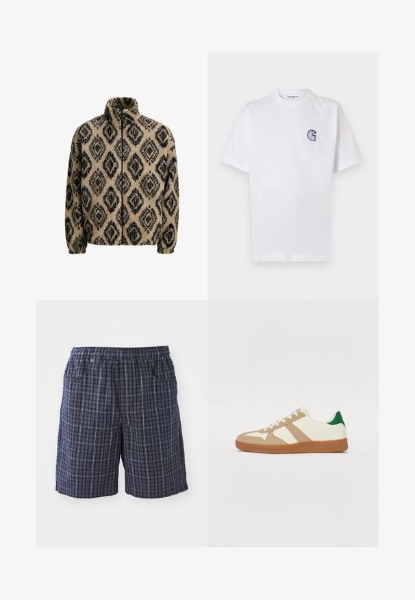 Chaqueta de forro polar beige con patrón de diamantes negro, cuello alto, cierre de cremallera y puños elásticos. Textura suave, corte relajado y diseño acogedor.; Camiseta blanca de algodón con mangas cortas, cuello redondo y un pequeño logo azul bordado en forma de "C" en el área del pecho izquierdo.; Pantalones cortos de cuadros en tonos azul marino con cintura elástica, que cuentan con bolsillos y un ajuste suelto. Confeccionados en una tela ligera con un diseño a cuadros.; Zapatillas con una parte superior de cuero blanco, superposiciones de ante color beige, acento verde en el talón y una suela de goma con textura color goma. Presenta tres rayas beige.