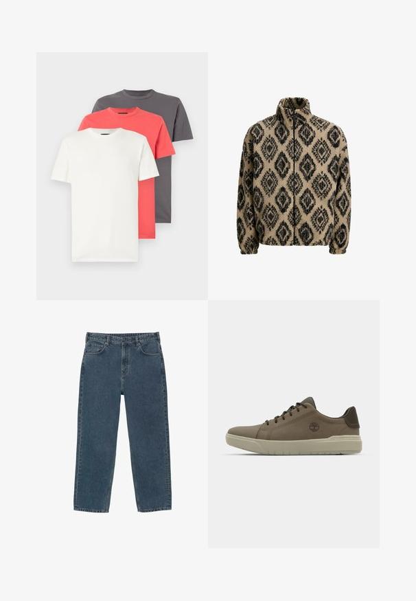 Béžová flísová bunda s černým diamantovým vzorem, vysokým límcem, zipovým uzávěrem a elastickými manžetami. Měkká textura, volný střih a pohodlný design.; Sada tří triček s kulatým výstřihem v bílé, korálové a tmavě šedé barvě. Bavlněný materiál, krátké rukávy a malé logo na bílém tričku.; Tmavě modré džíny rovného střihu s předními kapsami, poutky na opasek a knoflíkovým zapínáním.; Hnědé kožené tenisky s nízkým profilem, gumovou podrážkou a zelenými akcenty; obsahují logo na boku a texturované panely pro lepší uchopení.