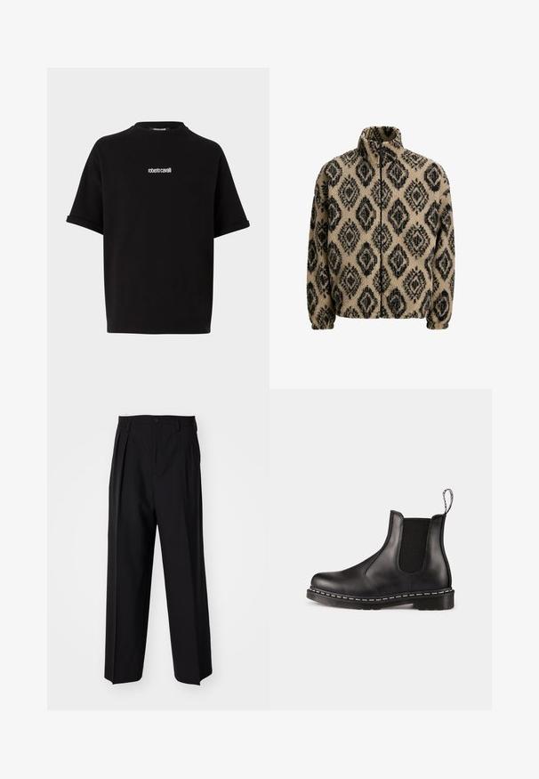 Bežinė fliso striukė su juodu deimanto raštu, aukštu apykakle, užtrauktuku ir elastiniais rankogaliais. Minkšta tekstūra, laisvas kirpimas ir jaukus dizainas.; Juoda trumpomis rankovėmis marškinėliai su mažu baltu "roberto cavalli" logotipu, kuris yra centruotas krūtinės srityje, turi apvalią iškirptę ir suktus rankovių kraštus.; Juodi klostuoti kelnių, su tiesiu, plačiu kojų dizainu. Pagaminti iš lygios medžiagos, su mygtukų uždarymu ir diržo kilputėmis.; Juodos odinės Chelsea botai su elastiniais šonais, apvaliu pirštu, traukimo kilpute, balta siūlė ant pado ir tekstūruota gumine išorine puse.
