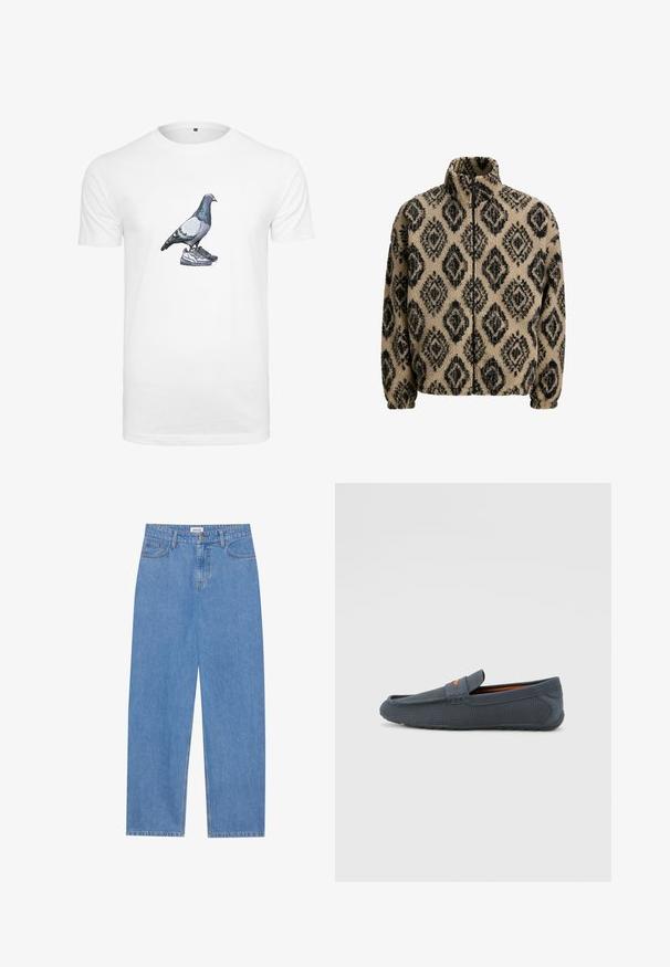 Beige fleecejakke med svart diamantmønster, høy krage, glidelås foran og elastiske mansjetter. Myk tekstur, avslappet passform og koselig design.; Hvit bomulls-T-skjorte med grafikk av en due som står på et par joggesko, med detaljert fargelegging og skyggelegging på fuglen.; Lyseblå denimjeans med rett snitt, fem lomme-design, enkelt knappelukking og subtile sømdetaljer.; Grå perforerte loafers med slip-on design, med oransje detaljer, rund tå og teksturert gummisåle.