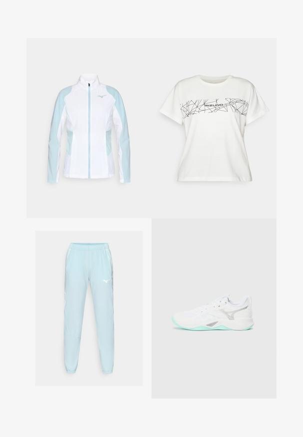 Hvit atletisk jakke med lyseblå detaljer, med glidelås, høy krage og elastiske mansjetter, laget av et glatt, lett materiale.; Hvit t-skjorte med korte ermer laget av bomull, med et svart geometrisk design og "Mizuno"-tekst over brystet. Normal passform, rund hals.; Lyseblå treningbukser laget av glatt stoff, med elastisk midje, tapered ben og en hvit logo på venstre lår.; Hvit treningssko med mesh-overdel og mintgrønn yttersåle. Har sølvfargede detaljer og et strukturert design på sidene. Rund tå og snøring.