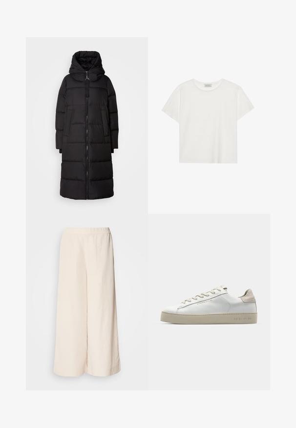 Mustat pehmustetut takki, jossa on korkea kaulus, etuvetoketju, suuret taskut ja huppu. Tasainen pinta, jossa on koko takin ajan näkyvä tikattu kuvio.; Valkoinen lyhythihainen T-paita, joka on valmistettu pehmeästä puuvillasta. Siinä on pyöreä kaula-aukko ja rento istuvuus. Siisti muotoilu ilman näkyviä kuvioita tai yksityiskohtia.; Kermainen väljät housut, joissa on joustava vyötärö, rento istuvuus ja sileä rakenne, sopivat arkivaatteiksi.; Valkoinen nahkakenkä, jossa on sileä pinta, beige mokkanahkavivahteita, pyöreä kärki, litteä nauhattava malli ja teksturoitu kumipohja.