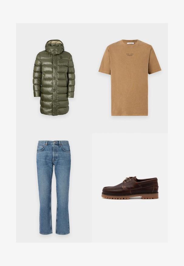 Oliivinvihreä puffatakki, jossa on kiiltävä pinta, huppu ja suuret tikatut paneelit. Kiinnitys napilla, kevyttä, eristyksellistä suunnittelua.; Ruskea puuvillapaita, jossa on pyöreä pääntie, lyhyet hihat ja musta teksti "SAMSE SAMSE COPENHAGEN" edessä.; Vaaleansiniset denim-farkut suoran leikkauksen, viiden taskun muotoilun ja kontrastivärisen ompelun kanssa. Kangas on pehmeä ja siinä on hieno haalistuminen.; Ruske kožne brodske cipele sa detaljima šivanja, vezivanjem, i čvrstim gumeni đonom s teksturiranim uzorcima za prianjanje.