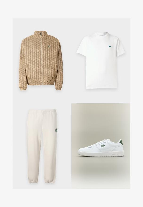 Šviesiai ruda užtrauktuku užsegama striukė su geometriniu raštu. Yra aukštas apykaklė, elastingi rankogaliai ir mažas logotipas krūtinėje.; Balta medvilninė marškinėliai su apvalia iškirpte, trumpomis rankovėmis ir mažu žaliu siuvinėtu krokodilo logotipu kairėje krūtinės pusėje.; Šviesiai smėlinės spalvos medvilninės kelnės, su elastinga juosta, raukšlėtomis rankovėmis ir žalia logotipo su lapo dizainu kairiajame šone.; Balti odiniai sportbačiai su lygiu paviršiumi, žaliais akcentais ant kulno ir žalia logotipu šone. Siūlo plokščią pado struktūrą ir apvalią nosį.