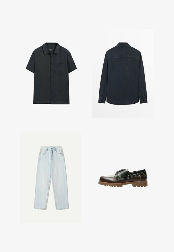 Camicia a maniche lunghe blu scuro, design con bottoni e colletto, caratterizzata da una superficie liscia e un orlo curvo. Include polsini con bottoni.; Camicia a maniche corte con bottoni in tessuto grigio scuro, con colletto semplice, taschino singolo e una consistenza liscia.; Jeans in denim azzurro chiaro con una vestibilità comoda, design a gamba dritta, stile a cinque tasche e leggere sfumature sul tessuto.; Scarpa da barca in pelle marrone e nera con lacci, cuciture a contrasto e suola in gomma texturizzata. Presenta occhielli in metallo e punta arrotondata.