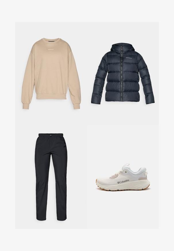 Sötétkék, kapucnis puffermellény, vízszintesen tűzött textúrával, teljes hosszúságú elülső cipzárral és egy kis logóval a mellen.; Világos bézs pulóver, puha anyagból készült, kerek nyakú, bordázott mandzsettákkal, és a mellkason egy kis fehér logóval. Stílusos és laza fazon.; Fekete, könnyű, vízálló nadrág rugalmas derékkal és két oldalsó zsebbel; sima textúra; egyenes lábú fazon.; Könnyű Columbia sportcipő fehér hálóból, texturált szürke talppal és gumis csúszásmentes betéttel. Jellemzője a párnázott gallér és a fűzős kialakítás.
