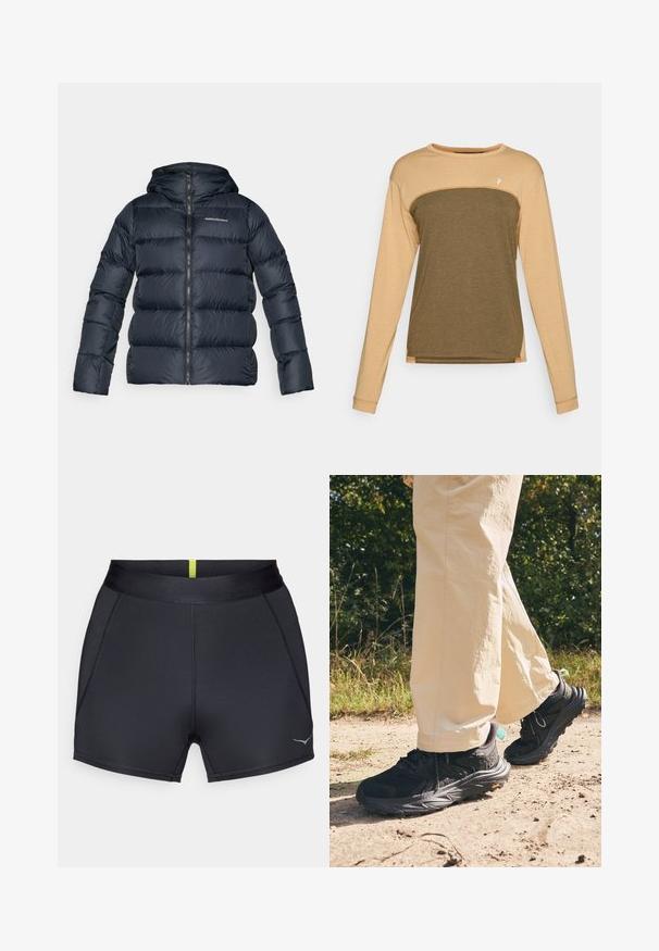 Tamsiai mėlynas pūkuotas striukė su kapišonu, turinti horizontalią siuvinėjimo tekstūrą, visiškai atsidarančią užtrauktuku priekyje ir mažą logotipą ant krūtinės.; Marškinius ilgomis rankovėmis su šviesiai rudos spalvos viršutine dalimi ir tamsiai alyvuogių žalios spalvos apatine dalimi. Minkšta, tekstūrinė medžiaga su kontrastinėmis pečių siūlėmis.; Juodi sportiniai šortai su lygiu paviršiumi, turintys platų elastingą juosmenį ir liekną siluetą. Ant nugaros matoma plona geltona juostelė.; Juodi žygio sportbačiai su tekstūruotu paviršiumi, raišteliais ir storu padu, ant kurio yra Vibram logotipas. Dėvimi su šviesių spalvų kelnėmis.