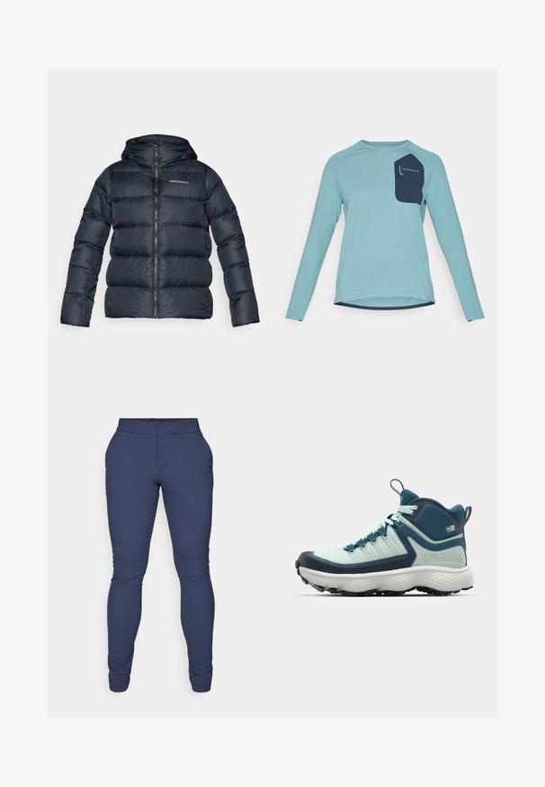 Giacca puffer blu scuro con cappuccio, caratterizzata da una texture trapuntata orizzontale, zip frontale completa e un piccolo logo sul petto.; Camicia a maniche lunghe in tessuto texturizzato blu chiaro. Presenta una tasca blu navy con marchio. Girocollo e design con orlo curvo.; Pantaloni navy realizzati in un tessuto liscio e elasticizzato. Presentano una vestibilità slim, vita piatta e aperture delle gambe affusolate. Nessun abbellimento visibile.; Scarpa da trekking da uomo in verde acqua chiaro e blu navy. Presenta una tomaia testurizzata, una punta in gomma modellata e una suola aggressiva per una migliore aderenza.