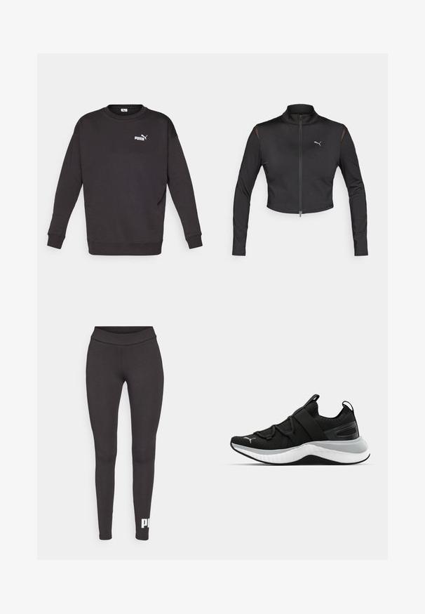 Zwarte cropped sportjasje gemaakt van rekbaar materiaal. Voorzien van een hoge kraag, een ritssluiting aan de voorkant en mesh details op de schouders. Logo op de borst.; Zwarte sweatshirt met lange mouwen en ronde hals. Voorzien van een klein wit Puma-logo op de linker borst. Zachte stoftextuur.; Zwarte leggings van rekbaar materiaal, met een hoge tailleband en een wit logo dat op het onderste deel van het linkerbeen is gedrukt. Glad materiaal.; Zwarte sportschoen met een gestructureerde bovenkant, elastische banden en een dikke witte tussenzool. Heeft een grijze accent langs de zool.