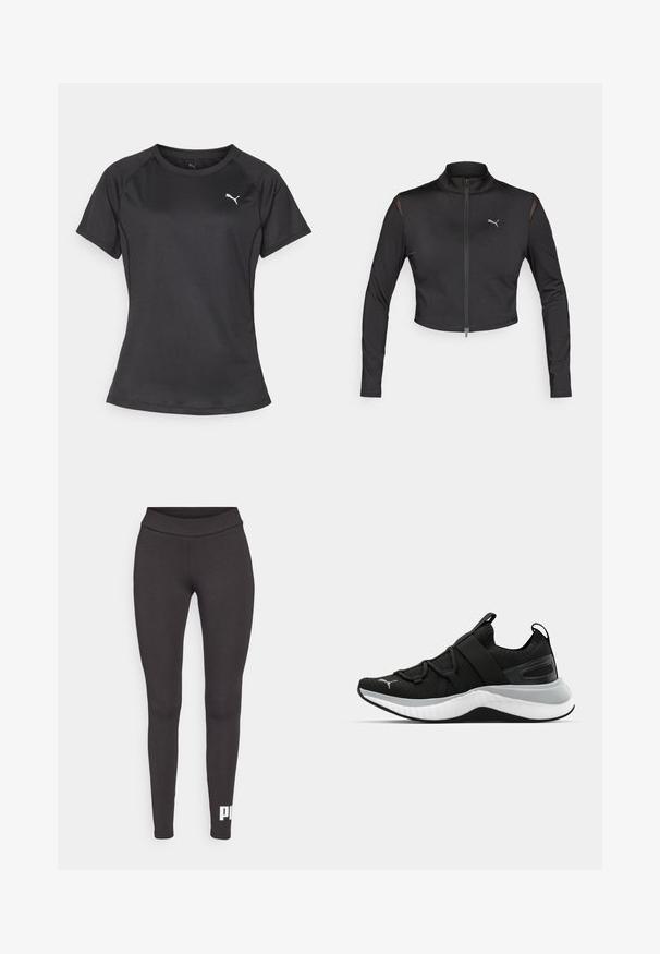 Melnā īsā sporta jaka, izgatavota no elastīga materiāla. Ir augsts apkaklis, priekšējais rāvējslēdzis un acu akcenti uz pleciem. Logo uz krūškurvja.; Melns īsā piedurkņu sporta krekls ar apaļu dekoltē, izgatavots no gludas auduma, ar mazu baltu logo kreisajā krūšu daļā.; Melni legingi, izgatavoti no elastīga auduma, ar augstu jostasvietu un balto logo, kas izvietots kreisajā apakšējā kājā. Gluda tekstūra.; Melna sporta kurpe ar teksturētu augšējo daļu, elastīgām siksnām un biezu baltu vidusdaļu. Ievietots pelēks akcenta elements gar zoli.