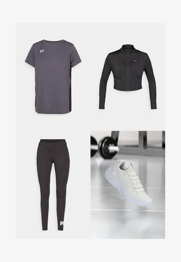 Jaqueta desportiva cropped preta feita de material elástico. Apresenta um colarinho alto, fecho frontal e detalhes em malha nos ombros. Logótipo no peito.; T-shirt atlético cinza feito de um tecido leve, com mangas curtas, gola redonda e um painel lateral preto em contraste. Logótipo no peito.; Leggings pretas feitas de um tecido elástico, com um cós alto e um logótipo branco impresso na parte inferior da perna esquerda. Textura suave.; Sapatilha atlética branca com um cabedal em malha texturizada e sistema de atacadores, apresentando uma sola branca acolchoada e sutis acentos ribateados.