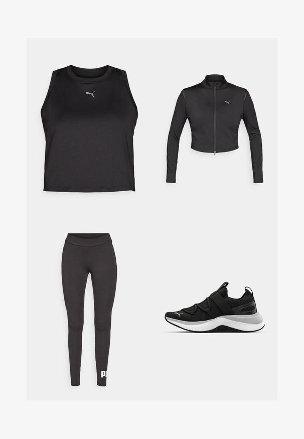 Fekete, rövidített sportdzseki rugalmas anyagból. Magas gallérral, elülső cipzárral és hálós díszítéssel a vállakon. Logó a mellrészén.; Fekete ujjatlan sportos crop top sima anyagból, kerek nyakkivágással és egy kis ezüst Puma logóval a mellkasán.; Fekete leggings rugalmas anyagból, magas derékkal és fehér logóval, amely a bal alsó lábszáron található. Sima textúrájú.; Fekete sportcipő textúrázott felső résszel, rugalmas pántokkal és vastag fehér középtalppal. Szürke akcentussal rendelkezik a talp mentén.