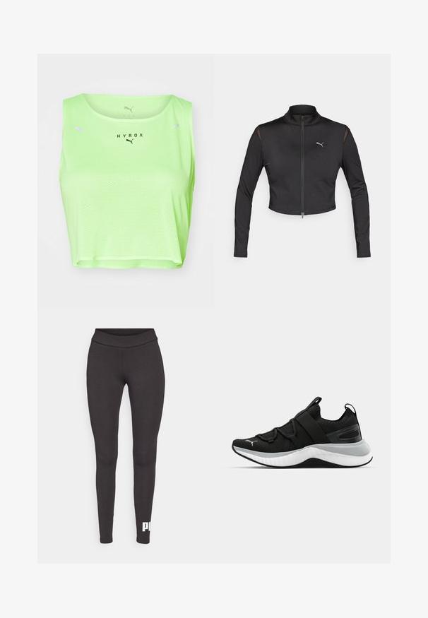 Juodas trumpas sportinis švarkelis, pagamintas iš elastingos medžiagos. turi aukštą apykaklę, priekinį užtrauktuką ir tinklelio akcentus ant pečių. Logotipas ant krūtinės.; Puma HYROX ULTRASPUN CROP TANK - Viršus - green glare; Juodi legginsai, pagaminti iš tamprios medžiagos, su aukštu juosmeniu ir baltu logotipu, atspausdintu ant kairės kojos apatinės dalies. Lygus paviršius.; Juodas sportinis batelis su tekstūruota viršutine dalimi, elastingomis juostomis ir storesniu baltu tarpiniai. Yra pilkas akcentas palei pado kraštą.