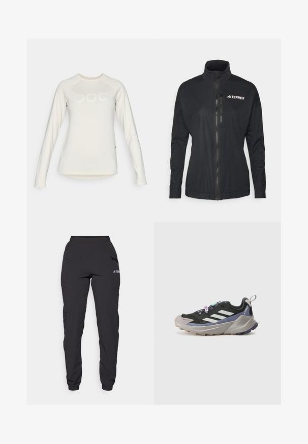Must terrex jakk on kõrge krae, ees tõmblukk ja sile, kerge kangas, millel on tikitud logo rinnal.; Pika-särg, millel on pikad varrukad ja mis on valmistatud siledast kangast, esiküljel suur valge "POC" logo ning ümar kaelus.; Mustad veepidavad püksid elastse vöökoha, lukuga küljetaskute, kitsenevate jalgade ja ribide äärtega pahkluude juures. Omab logo aktsente.; Mustaline sportlikud jalanõud Gore-Tex ülahosaga, valged triibud, lillad aktsendid, paks hall vaheosa ja tekstureeritud hall välistald haardeks.