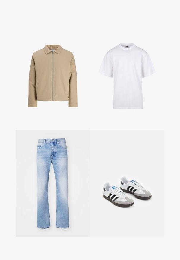 Giacca corta beige realizzata in tessuto liscio, con colletto a punta, zip frontale e due tasche laterali. Design semplice e linee pulite.; T-shirt bianca in cotone con scollatura a girocollo, maniche corte e vestibilità rilassata. Presenta un design semplice senza motivi o accenti.; Jeans in denim blu chiaro con un taglio dritto, caratterizzati da un classico stile a cinque tasche e un motivo sbiadito sottile.; Scarpe sportive con tomaia in pelle bianca, punta in suede grigia e tre strisce nere. Presentano un logo blu sulla linguetta e una suola in gomma testurizzata.