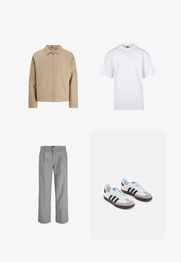 Giacca corta beige realizzata in tessuto liscio, con colletto a punta, zip frontale e due tasche laterali. Design semplice e linee pulite.; T-shirt bianca in cotone con scollatura a girocollo, maniche corte e vestibilità rilassata. Presenta un design semplice senza motivi o accenti.; Pantaloni grigi chiari con un tessuto testurizzato, dotati di pieghe sul davanti, gambe dritte e una fascia in vita standard per la chiusura.; Scarpe sportive con tomaia in pelle bianca, punta in suede grigia e tre strisce nere. Presentano un logo blu sulla linguetta e una suola in gomma testurizzata.