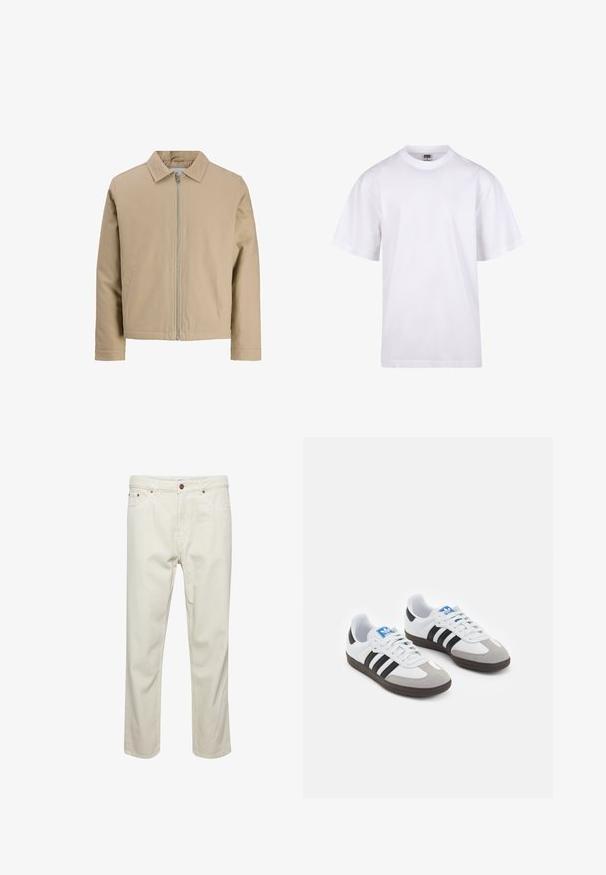 Bežna kratka jakna iz gladkega materiala, z ovratnikom, sprednjim zadrgo in dvema stranskima žepoma. Preprost dizajn in čiste linije.; Bela bombažna majica s krojem na vratu, kratkimi rokavi in ohlapnim fitom. Ima enostaven dizajn brez vzorcev ali dodatkov.; Bež bombažne hlače s ravnim krojem, petimi žepi, gumbom za zapiranje in subtilnimi šivi. Enotna tekstura brez vidnih vzorcev.; Športni čevlji z belim usnjenim zgornjim delom, sivim semišem na prstih in tremi črnimi črtami. Imajo modro logo na jeziku in teksturiran gumijast podplat.