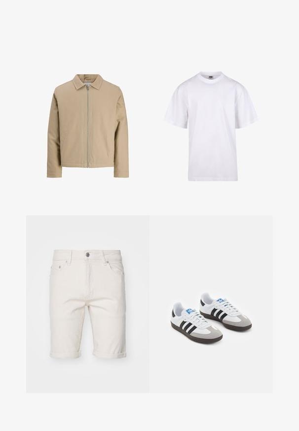 Beige short jacket made of smooth fabric, featuring a point collar, front zip, and two side pockets. Simple design and clean lines.; White cotton t-shirt with a crew neckline, short sleeves, and a relaxed fit. Features plain design without patterns or accents.; White cotton denim shorts with rolled cuffs, featuring five pockets, a button closure, and subtle texture.; Sport shoes with a white leather upper, gray suede toe, and three black stripes. Features a blue logo on the tongue and a textured rubber sole.