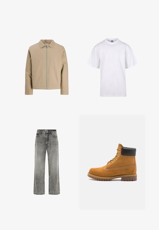 Jachetă scurtă bej, fabricată dintr-un material neted, cu guler în vârf, fermoar frontal și două buzunare laterale. Design simplu și linii curate.; Tricou alb din bumbac, cu guler rotund, mâneci scurte și croială lejeră. Dispune de un design simplu, fără modele sau accente.; Jeans grii cu picioare late, realizate din denim cu o finisare decolorată. Au buzunare frontale, bucle pentru curea și un fermoar cu închidere prin buton.; Cizmă de gleznă din întoarsă de culoare bej, cu guler negru căptușit, ochiuri din metal auriu, detalii de cusătură albă și talpă din cauciuc robustă, cu un model pronunțat.