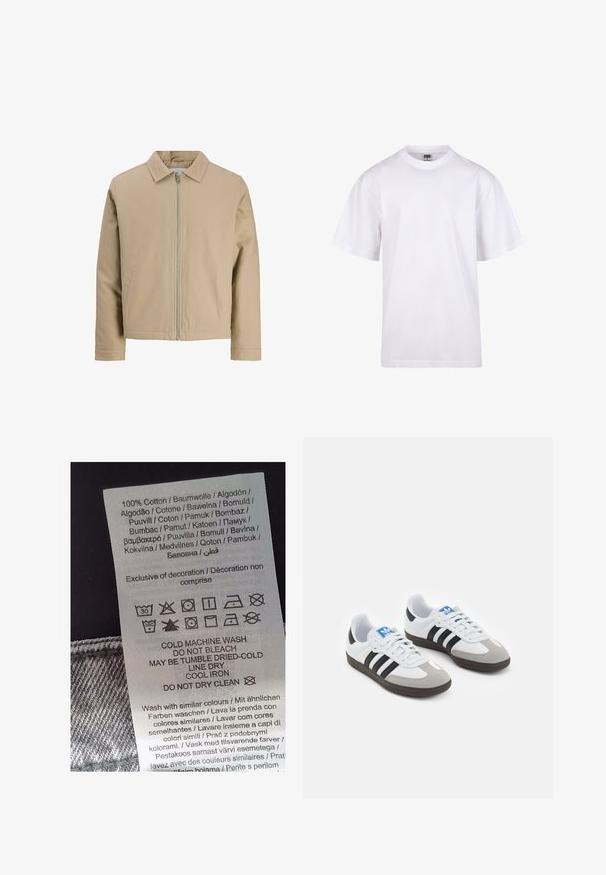 Bež lühike jakk, mis on valmistatud siledast kangast, millel on punktkaelus, esitõmblus ja kaks külgtaskut. Lihtne disain ja puhtad jooned.; Valge puuvillane t-särk ümmarguse kaeluse, lühikeste varrukate ja lõdva lõikega. Omab lihtsat disaini ilma mustrite või aktsendita.; Valge hooldusetikett musta tekstiga, millel on hooldusjuhised mitmes keeles. Sümblid pesemise, kuivatamise ja triikimise kohta. 100% puuvill.; Spordijalatsid valge nahkpealsega, halli nubuk-naha otsaga ja kolme musta triibuga. Omab sinist logo keele peal ja struktureeritud kummitalda.