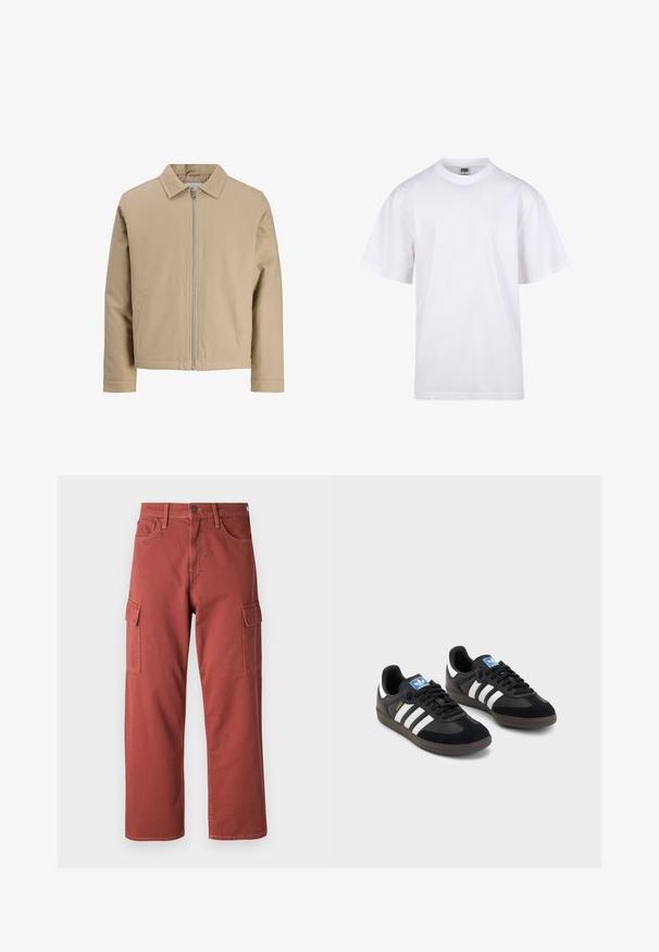 Beige korte jas van gladde stof, met een puntkraag, een ritssluiting aan de voorkant en twee zijzakken. Eenvoudig ontwerp en strakke lijnen.; Witte katoenen t-shirt met een ronde hals, korte mouwen en een relaxte pasvorm. Heeft een eenvoudig ontwerp zonder patronen of accenten.; Cargo pants in een roodbruine kleur, gemaakt van stevig materiaal, met zijzakken, rechte pijpen en zichtbare stiksels.; Zwarte sneakers met een bovenwerk van suède en synthetisch materiaal, voorzien van drie witte strepen, een gestructureerde rubberen zool en een blauw logo-label op de tong.