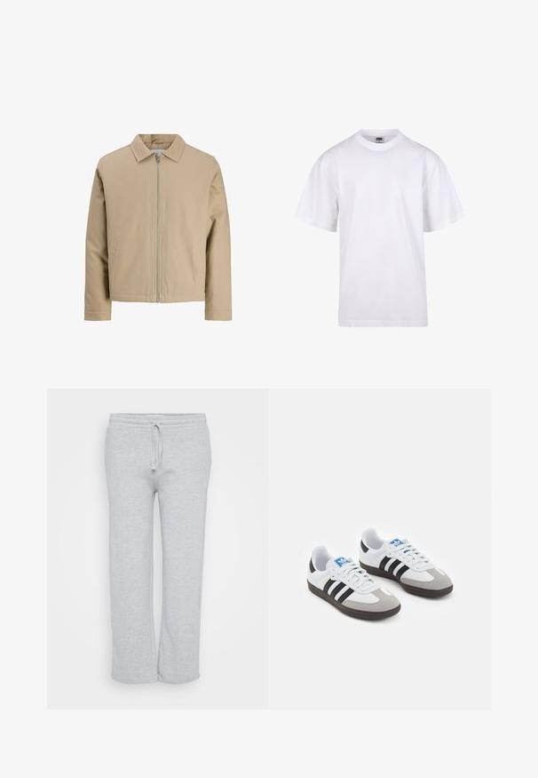 Béžová krátká bunda vyrobená z hladkého materiálu, se stojáčkovým límcem, předním zipem a dvěma bočními kapsami. Jednoduchý design a čisté linie.; Bílé bavlněné tričko s kulatým výstřihem, krátkými rukávy a volným střihem. Má jednoduchý design bez vzorů nebo akcentů.; Světle šedé tepláky vyrobené z měkké tkaniny, s elastickým pasem na šňůrku, rovnými nohavicemi a bočními kapsami.; Sportovní boty s bílým koženým svrškem, šedou semišovou špičkou a třemi černými pruhy. Obsahují modré logo na jazyku a texturovanou gumovou podrážku.