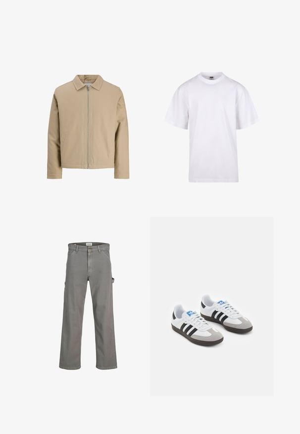 Bežs īsais jakeits, izgatavots no gludas auduma, ar punktveida apkakli, priekšējo rāvējslēdzēju un divām sānu kabatām. Vienkāršs dizains un skaidras līnijas.; Balts kokvilnas T-krekls ar apaļu kakla izgriezumu, īsām piedurknēm un brīvu piegriezumu. Tam ir vienkāršs dizains bez rakstiem vai akcentiem.; Pelēki kravas bikses, kas izgatavotas no kokvilnas. Tām ir brīvs piegriezums, vairākas kabatas un rāvējslēdzēja josta ar pogas aizdari. Tiešas kājas dizains.; Sporta apavi ar balto ādas virsu, pelēku zamšādas purngalu un trim melnām svītrām. Iezīmē zilu logotipu uz mēles un teksturētu gumijas zoli.