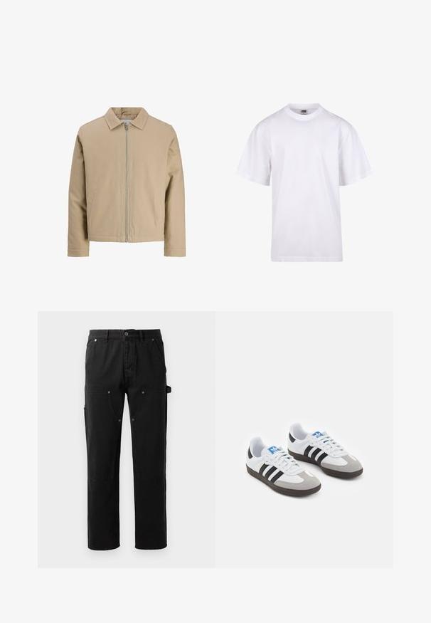 Béžová krátká bunda vyrobená z hladkého materiálu, se stojáčkovým límcem, předním zipem a dvěma bočními kapsami. Jednoduchý design a čisté linie.; Bílé bavlněné tričko s kulatým výstřihem, krátkými rukávy a volným střihem. Má jednoduchý design bez vzorů nebo akcentů.; Černé bavlněné kalhoty s rovnými nohavicemi, dvěma předními kapsami, boční kapsou na nářadí a detaily se západkovými knoflíky.; Sportovní boty s bílým koženým svrškem, šedou semišovou špičkou a třemi černými pruhy. Obsahují modré logo na jazyku a texturovanou gumovou podrážku.