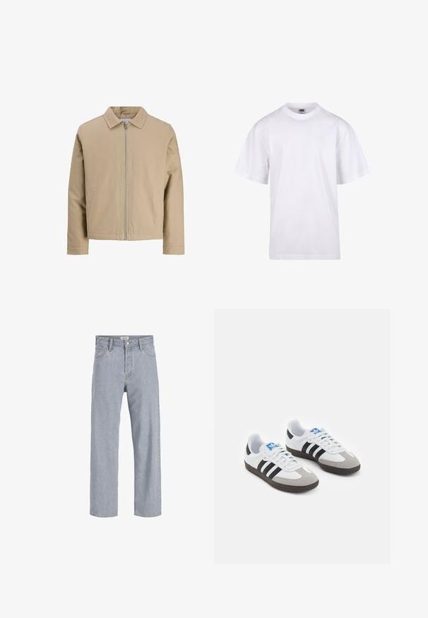 Bežs īsais jakeits, izgatavots no gludas auduma, ar punktveida apkakli, priekšējo rāvējslēdzēju un divām sānu kabatām. Vienkāršs dizains un skaidras līnijas.; Balts kokvilnas T-krekls ar apaļu kakla izgriezumu, īsām piedurknēm un brīvu piegriezumu. Tam ir vienkāršs dizains bez rakstiem vai akcentiem.; Gai zils džinsu audums ar brīvu piegriezumu, taisnu kāju dizainu, redzamām šuvēm, divām priekšējām kabatām un pogu aizdari.; Sporta apavi ar balto ādas virsu, pelēku zamšādas purngalu un trim melnām svītrām. Iezīmē zilu logotipu uz mēles un teksturētu gumijas zoli.