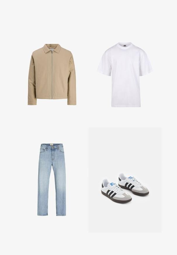 Bež lühike jakk, mis on valmistatud siledast kangast, millel on punktkaelus, esitõmblus ja kaks külgtaskut. Lihtne disain ja puhtad jooned.; Valge puuvillane t-särk ümmarguse kaeluse, lühikeste varrukate ja lõdva lõikega. Omab lihtsat disaini ilma mustrite või aktsendita.; Heledad sinine teksad sirge lõikega, viie tasku kujundusega, nööbi ja tõmbluku sulgemisega ning kangal on kerge kulumine.; Spordijalatsid valge nahkpealsega, halli nubuk-naha otsaga ja kolme musta triibuga. Omab sinist logo keele peal ja struktureeritud kummitalda.