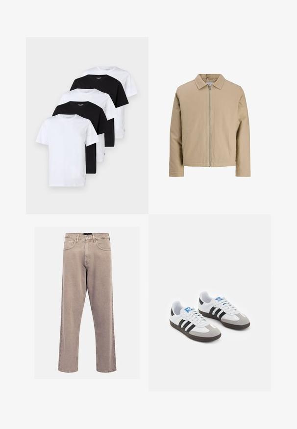 Bežs īsais jakeits, izgatavots no gludas auduma, ar punktveida apkakli, priekšējo rāvējslēdzēju un divām sānu kabatām. Vienkāršs dizains un skaidras līnijas.; Jack & Jones JJEORGANIC TEE O NECK 5 PACK - Pamata T-krekls - black/white; Bežīgas taisnas kājas džinsi, izgatavoti no denima, ar klasisku piecu kabatu dizainu, šūtām akcentiem un tīru apakšmalu apdari.; Sporta apavi ar balto ādas virsu, pelēku zamšādas purngalu un trim melnām svītrām. Iezīmē zilu logotipu uz mēles un teksturētu gumijas zoli.