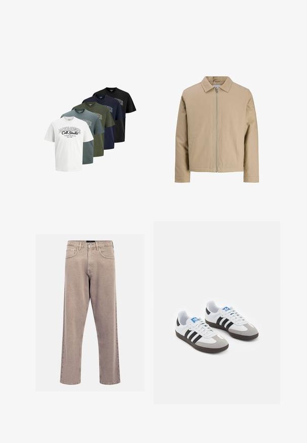 Béžová krátká bunda vyrobená z hladkého materiálu, se stojáčkovým límcem, předním zipem a dvěma bočními kapsami. Jednoduchý design a čisté linie.; Pět složených triček s krátkým rukávem a kulatým výstřihem v bílé, modré, zelené, námořnické a černé barvě, s potiskem "JACK & JONES Coll. Studio" na přední straně.; Beige džíny rovného střihu vyrobené z denimu, s klasickým designem pěti kapes, prošitými akcenty a čistým zakončením nohavic.; Sportovní boty s bílým koženým svrškem, šedou semišovou špičkou a třemi černými pruhy. Obsahují modré logo na jazyku a texturovanou gumovou podrážku.