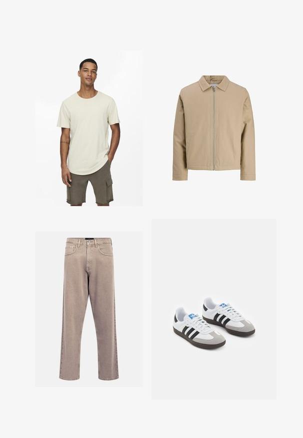 Chaqueta corta beige hecha de tejido suave, con cuello tipo solapa, cierre frontal y dos bolsillos laterales. Diseño simple y líneas limpias.; Camiseta de algodón beige con cuello redondo, mangas cortas y un corte holgado. Combinada con pantalones cortos tipo cargo verde olivo con bolsillos.; Jean rectos de mezclilla en color beige, con un diseño clásico de cinco bolsillos, acentos cosidos y un acabado de dobladillo limpio.; Zapatillas deportivas con parte superior de piel blanca, puntera de ante gris y tres rayas negras. Presentan un logo azul en la lengüeta y una suela de goma texturizada.