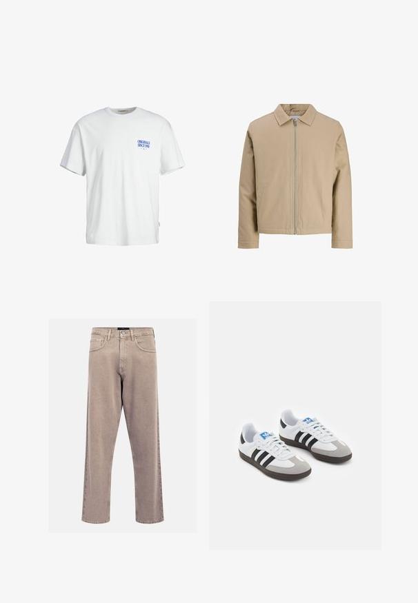 Bež lühike jakk, mis on valmistatud siledast kangast, millel on punktkaelus, esitõmblus ja kaks külgtaskut. Lihtne disain ja puhtad jooned.; Valge puuvillane T-särk mugava lõikega, mille vasakul rinnal on sinine tekst "ORIGINALS SINCE 1990" ja küljes kudumislabel.; Beezid sirgedega teksased, millel on klassikaline viie tasku disain, õmblusaktsendid ja puhas ääreviimistlus.; Spordijalatsid valge nahkpealsega, halli nubuk-naha otsaga ja kolme musta triibuga. Omab sinist logo keele peal ja struktureeritud kummitalda.