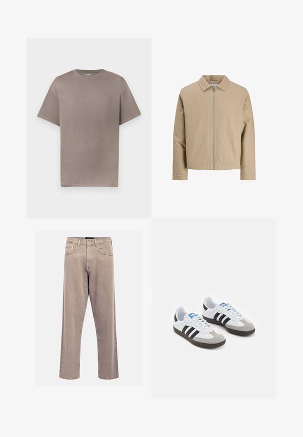 Beżowa krótka kurtka z gładkiego materiału, z kołnierzykiem typu point, zamkiem z przodu oraz dwoma bocznymi kieszeniami. Prosty design i czyste linie.; Prosta, luźna koszulka z krótkim rękawem i okrągłym dekoltem w stonowanym odcieniu taupe, wyeksponowana na białym tle.; Beżowe dżinsy o prostym kroju, wykonane z denimu, z klasycznym pięciopocketowym wzorem, przeszyciami oraz wykończeniem dolnej krawędzi.; Buty sportowe z białą skórzaną cholewką, szarym zamszowym noskiem i trzema czarnymi paskami. Posiadają niebieskie logo na języku oraz teksturowaną gumową podeszwę.