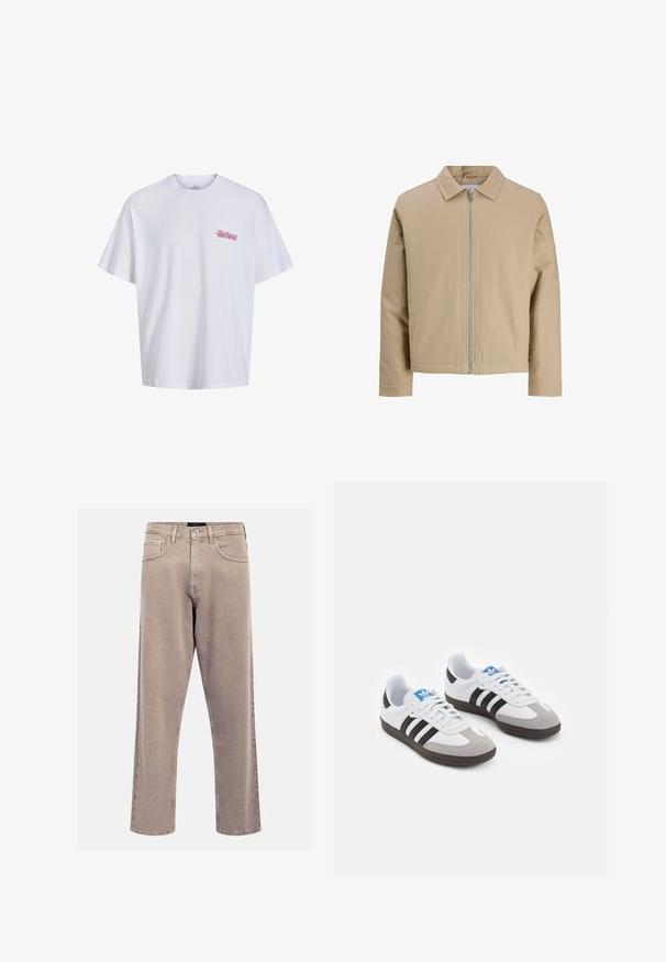 Beige lyhyt takki, joka on valmistettu sileästä kankaasta. Takissa on pistelaput, edessä vetoketju ja kaksi sivutaskua. Yksinkertainen muotoilu ja puhtaat linjat.; Valkoinen puuvillapaita lyhyillä hihoilla, pyöreä pääntie, jossa on pieni vaaleanpunainen graafinen kuva vasemmassa rinnassa. Sileä pinta, rento istuvuus.; Vaaleat suorat farkut, jotka on valmistettu denimistä ja joissa on klassinen viiden taskun muotoilu, ommeltuja yksityiskohtia ja siisti helma.; Urheilukengät, joissa on valkoinen nahkainen päällinen, harmaa mokkanokka ja kolme mustaa raitaa. Ominaisuuksina sininen logo kielekkeessä ja kuvioitu kumipohja.