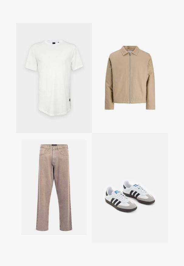 Beige kurze Jacke aus glattem Stoff, mit Reverskragen, Frontreißverschluss und zwei Seitentaschen. Einfaches Design und klare Linien.; Weißes T-Shirt mit kurzen Ärmeln aus Baumwolle, mit Rundhalsausschnitt und einem leicht verlängerten Rückenteil, sowie einem kleinen Logo-Akzent an der Seite.; Beige gerade geschnittene Jeans aus Denim, mit einem klassischen Fünf-Taschen-Design, genähten Akzenten und einem sauberen Saumfinish.; Sportschuhe mit einem Obermaterial aus weißem Leder, grauer Wildleder-Zehenkappe und drei schwarzen Streifen. Sie verfügen über ein blaues Logo auf der Zunge und eine strukturierte Gummisohle.
